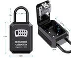 Black Berkshire Hathaway HomeServices combination lockbox, shown closed and open with dimensions