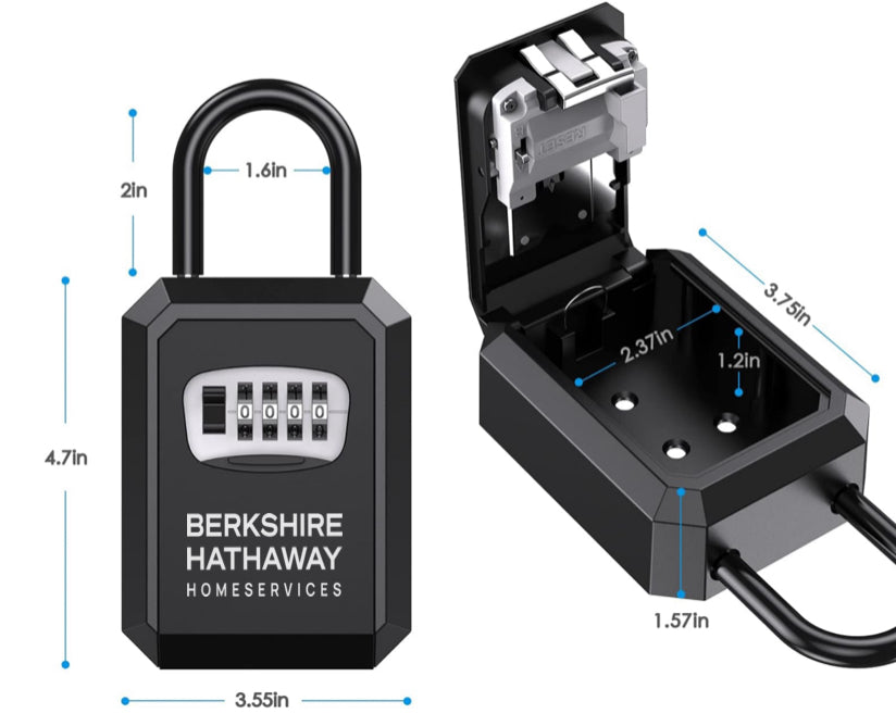 Black Berkshire Hathaway HomeServices combination lockbox, shown closed and open with dimensions