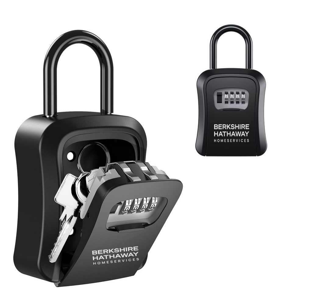 Black Berkshire Hathaway HomeServices combination lockbox shown open with keys and closed